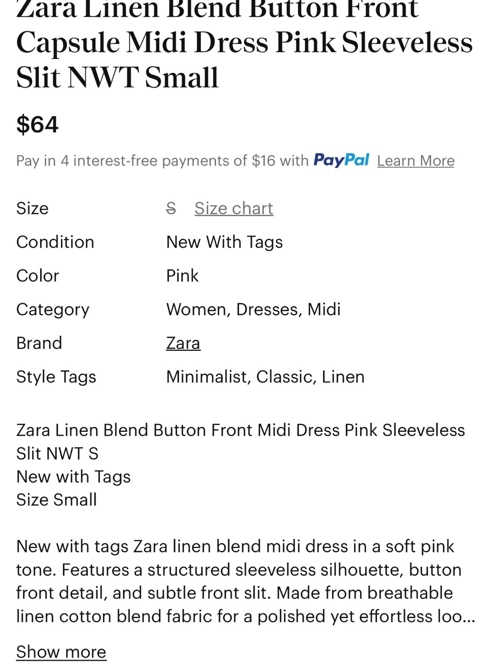 Zara Linen Blend Button Front Midi Dress Pink Sleeveless Slit NWT S Old Money - Picture 11 of 11